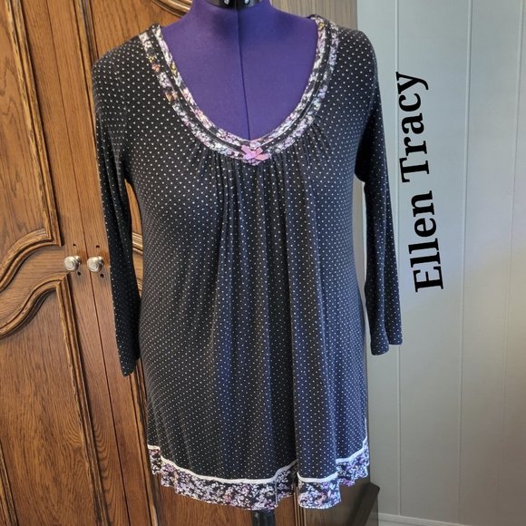❣️HP❣️Ellen Tracy 3/4 sleeves black & pink soft drapey chemise sleepwear sz: S - Picture 1 of 5